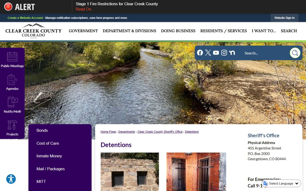 Clear Creek County Jail inmate custody directions page
