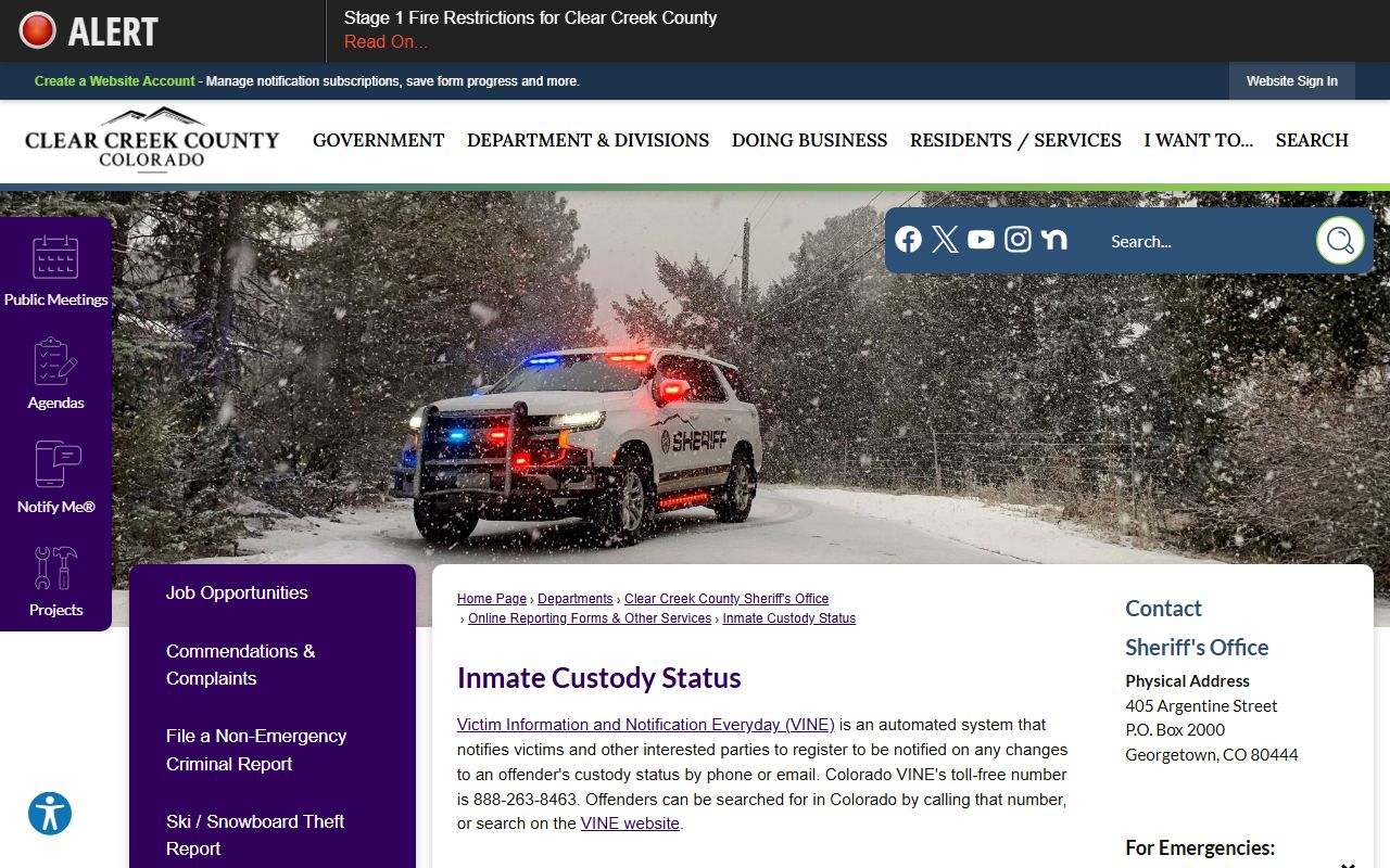 Clear Creek County inmate custody status VINE search page