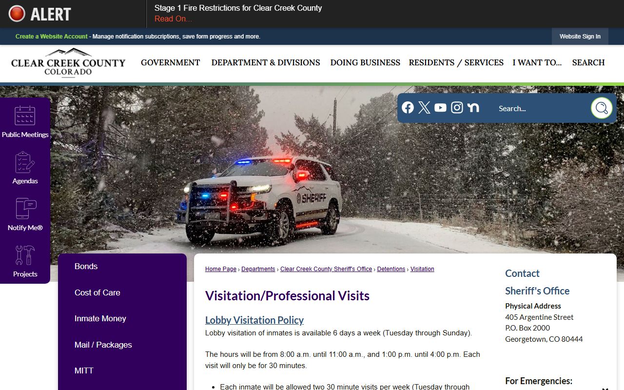 Clear Creek County Jail inmate visitation schedule and video visit rules